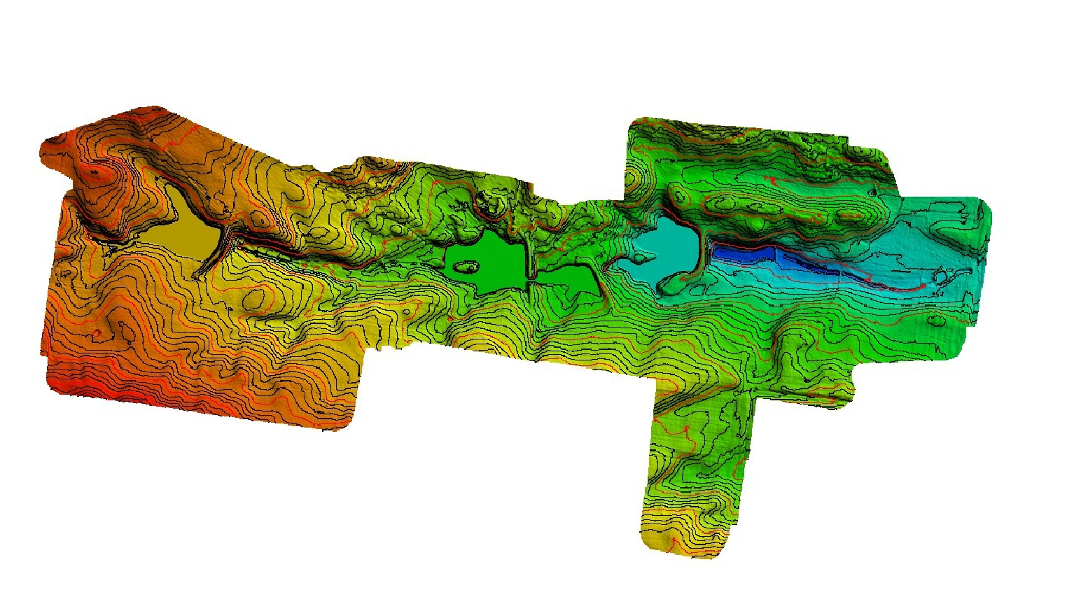 Digital terrain model (DTM) and 1m contours across a series of ponds using LiDAR